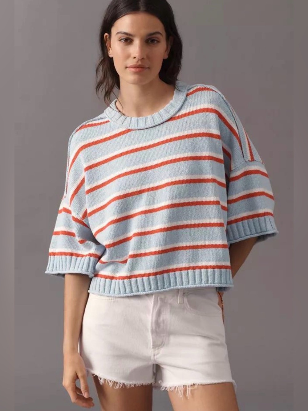 Anthropologie Goldie Striped Cotton Crew Neck Sweater Top Blue Red Cream S